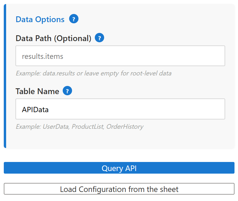 Data Options Section