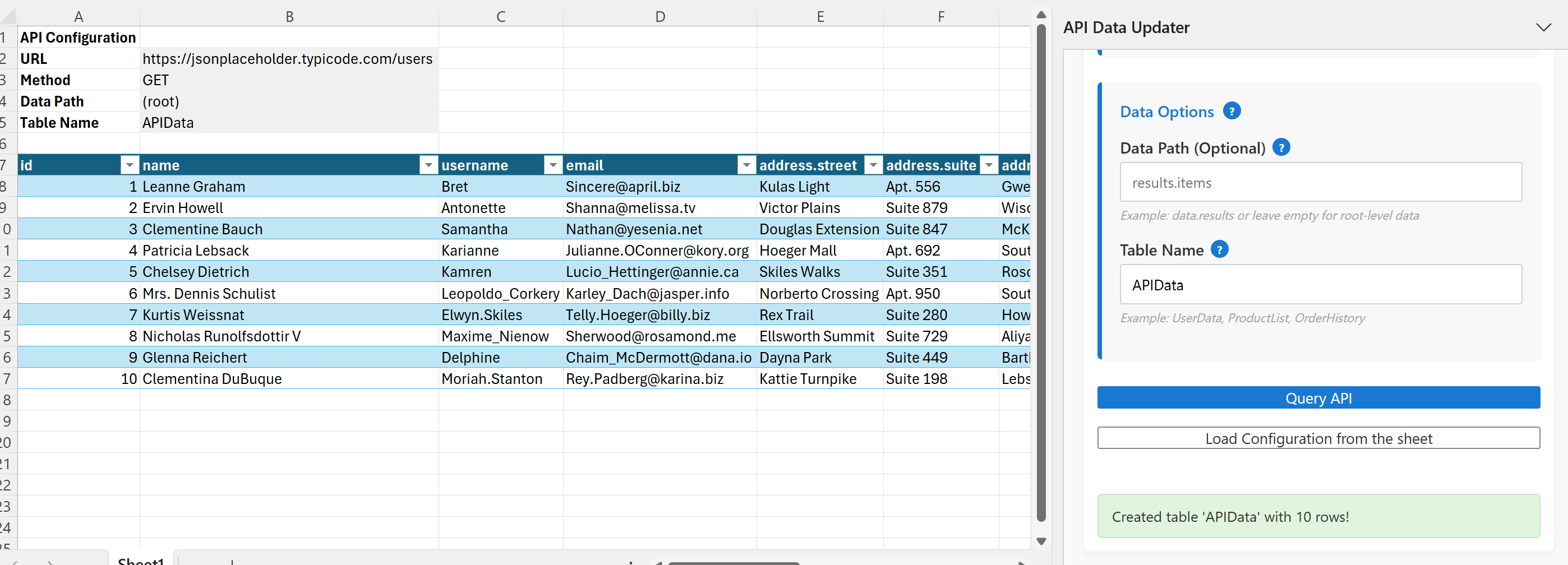 API Data in Excel Table